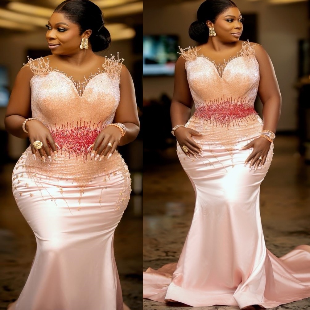 Pink Mermaid Prom Dresses 2025 Sheer Neck Beaded Satin Evening Formal Party Second Birthday Engagement Gowns Plus Size Dress For Special Ocns