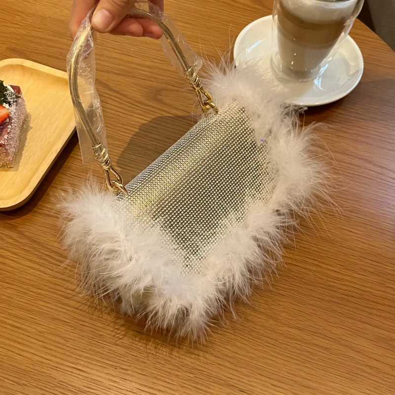 Celebrity Fur Banquet Evening Dress Bag Luxury Womens Wedding Party Wallet Birthday Party Ostrich Hair Diamond Tassels Handbag Z250220