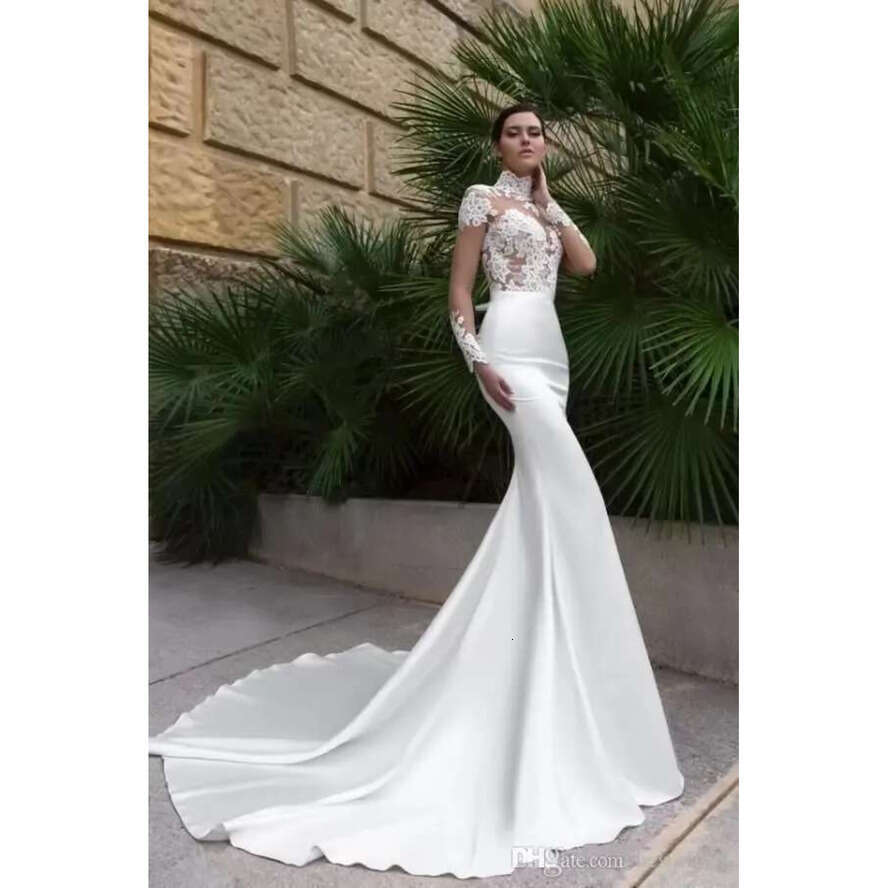 New High Neck Crystal Sexy Mermaid Wedding Dresses See Through Back Sheer Long Sleeve Fitted Cheap Bridal Gowns With Sweep Train Ba6037
