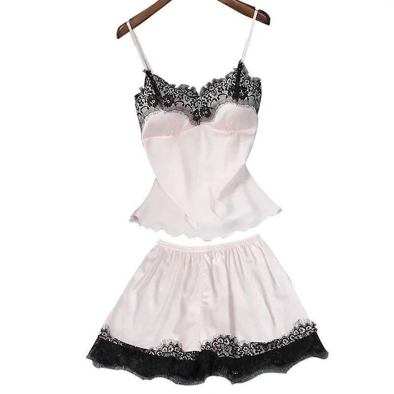Womens summer sexy silk imitation two-piece set with suspender pajamas silk shorts with chest pads gathering large and thin hXJ250220