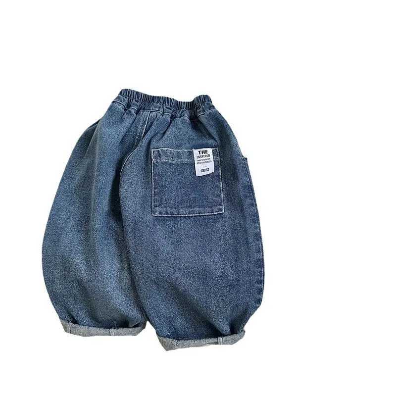 2025 Spring Children Boys Denim Pants Cotton Elastic Waist Infant Baby Boys Jeans Loose Sticker Pocket Little Boys Straight Pants Z250220