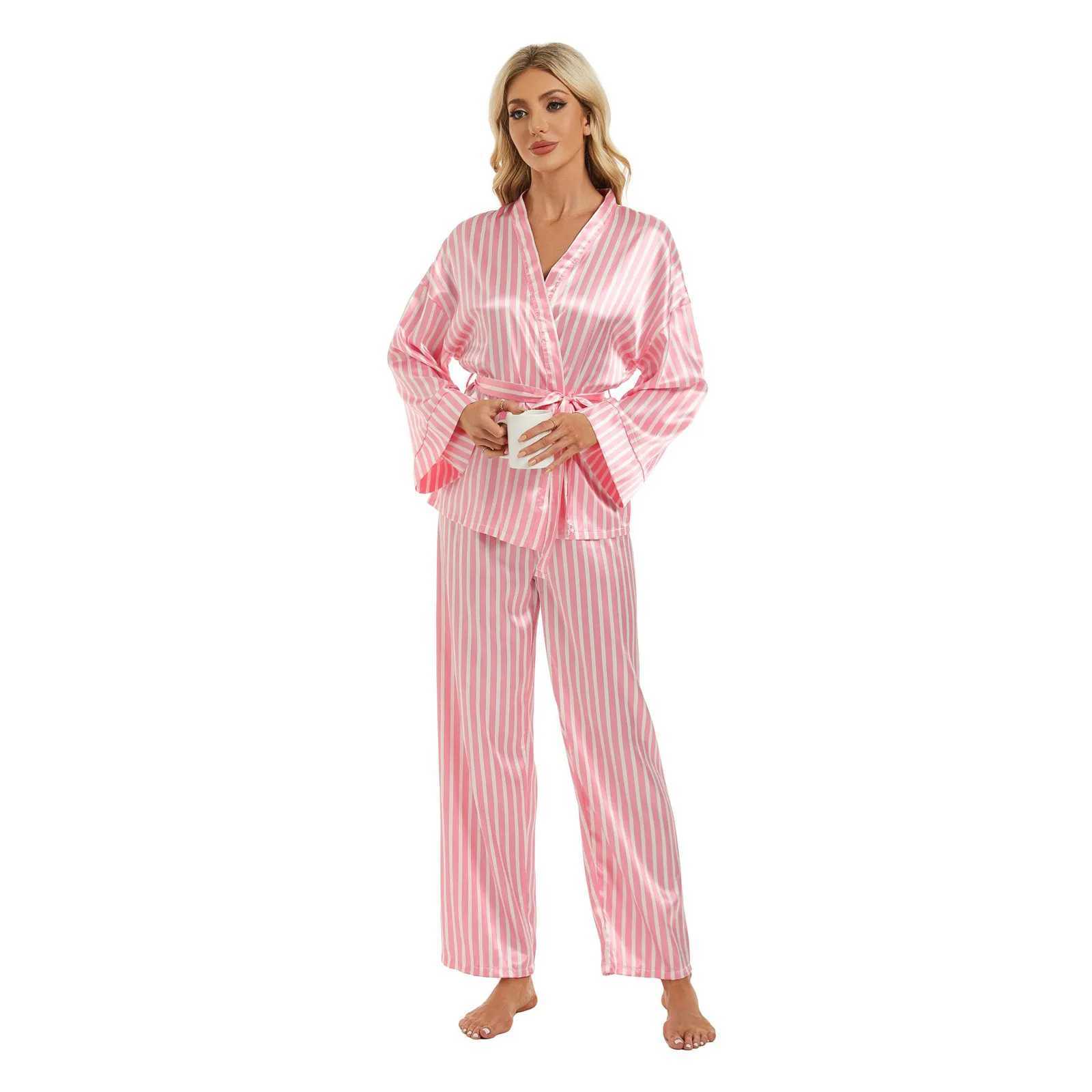 Spring Autumn Women Cozy Silk Satin Pajamas Suit Cross V Neck Long Sve Shirts Tops With Belt+Pants Set Spwear 2 Piece SetXJ250220