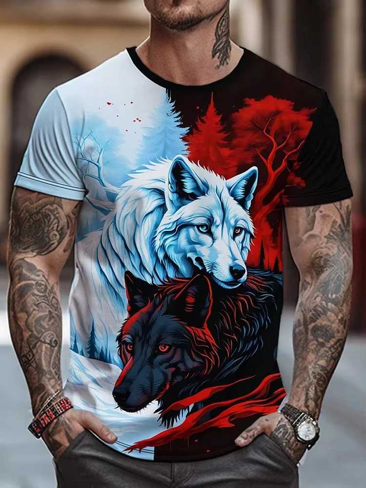 Mens T-shirt Wolf Print Casual Streetwear Fashion Short-sleeved Pullover Summer Outdoor Sports Top Tee Oversized Clothing W250220