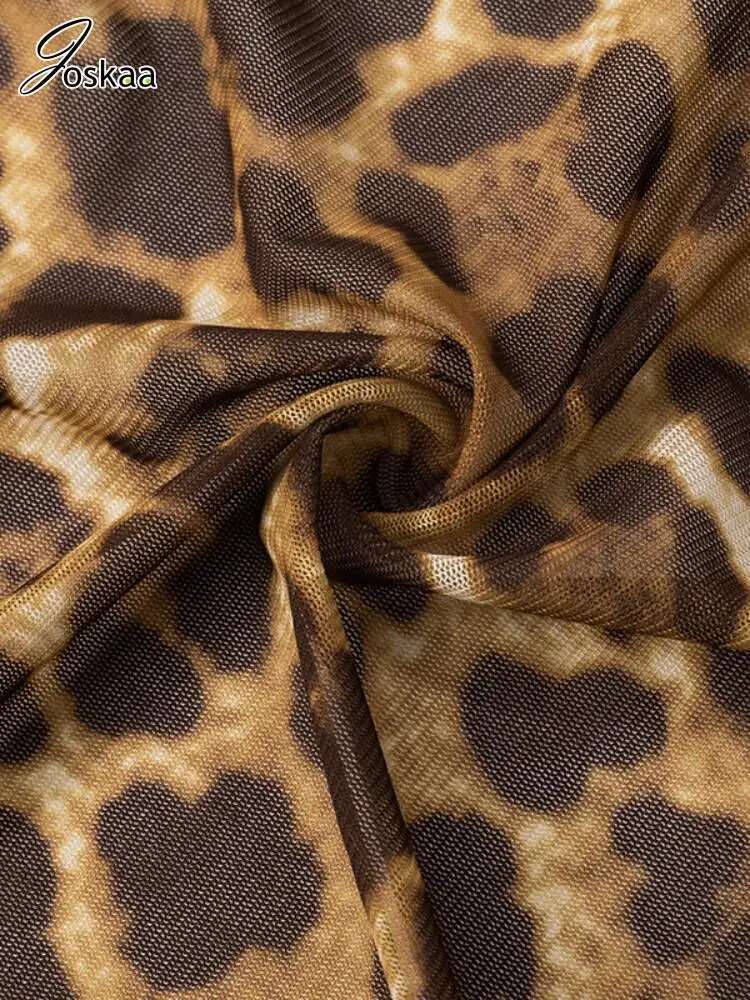 Joskaa Leopard Print Mesh Playsuits Women Sexy O-Neck Full Sleeve Backless Skinny One Piece Rompers 2025 Clubwear Y2k Streetwear