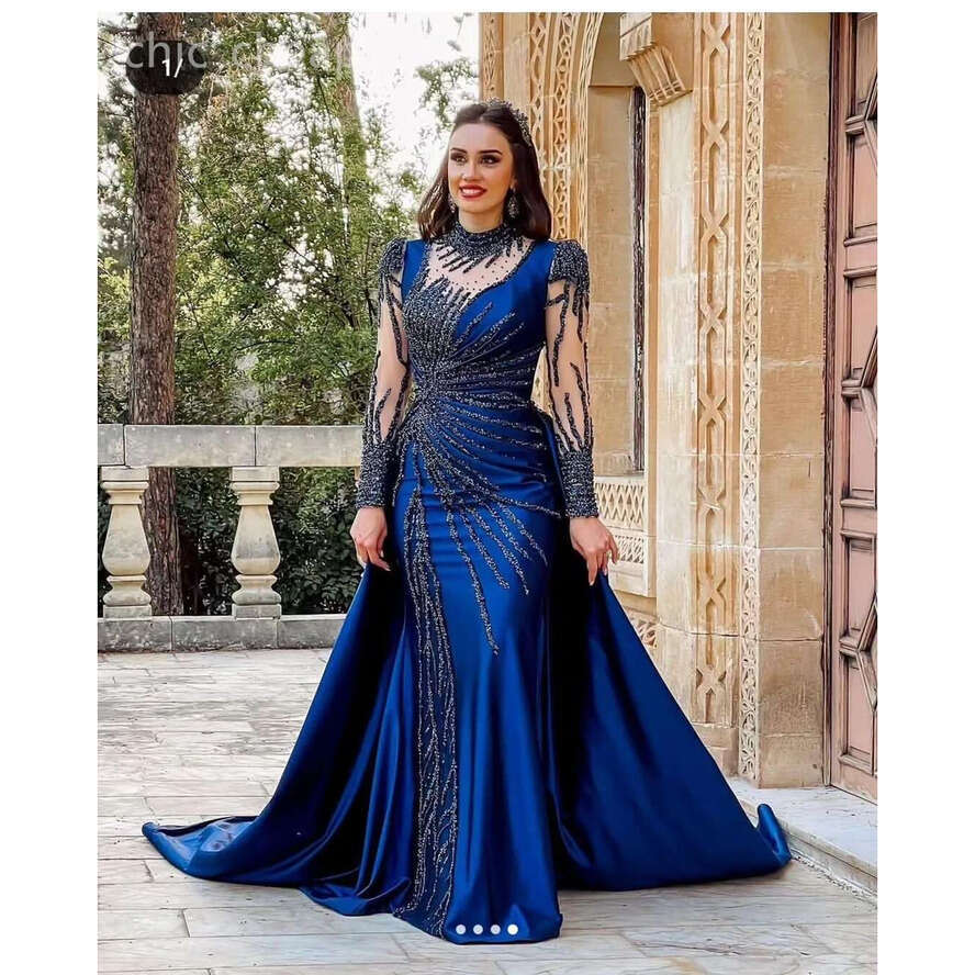 Ebi Aso Navy Blue Mermaid Prom Dress Sequined Lace Satin Beaded Evening Formal Party Second Reception Birthday Engagement Gowns Dresses Robe De Soiree