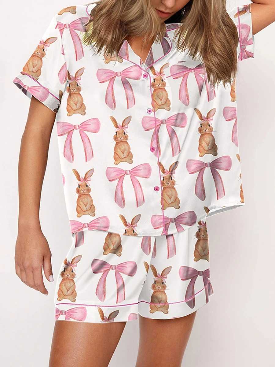 Womens 2 Piece Lounge Set Pajamas Short Sve Lapel Cute Bow Print Button Up Shirt Tops + Loose Shorts Set for Spwear PjsXJ250220