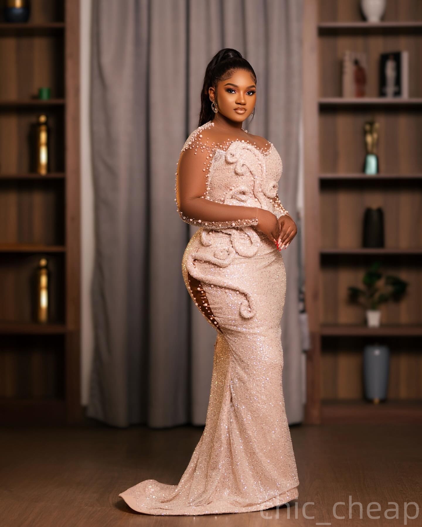 Champagne Mermaid Prom Dresses 2025 Pearls Beaded Sequined Stylish Evening Formal Party Second Birthday Engagement Gowns Plus Size Dress For Special O