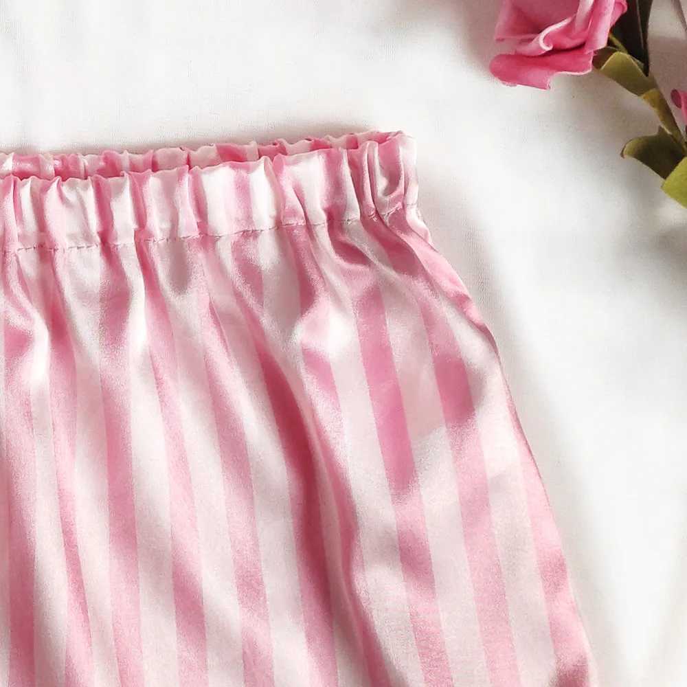 Satin Silk Pajamas Set Women Sexy Spwear Summer Hot Sveless Pijamas Faux Silk Homewear Pink Striped Nightwear Lingerie BraXJ250220