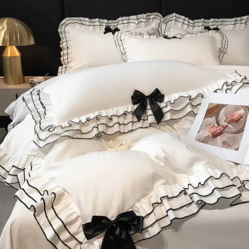 Chic Multi Layer Ruffle 3/4/6Pcs White Duvet Cover Set Soft Microfiber Girls Bedding with Cute Bow-Knots Bed Sheet PillowcasesXJ250220