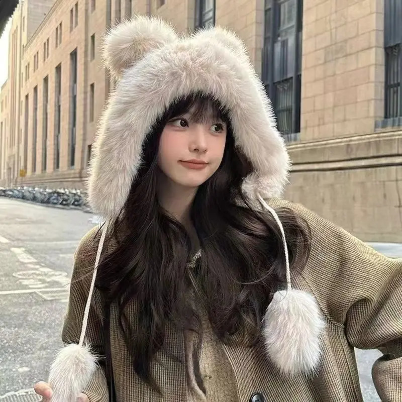 RICYGVM Womens Fluffy Fur Eartips Winter Plush Fishermans Hat Windproof Warm Head Gear Cute Bear Girl 250210