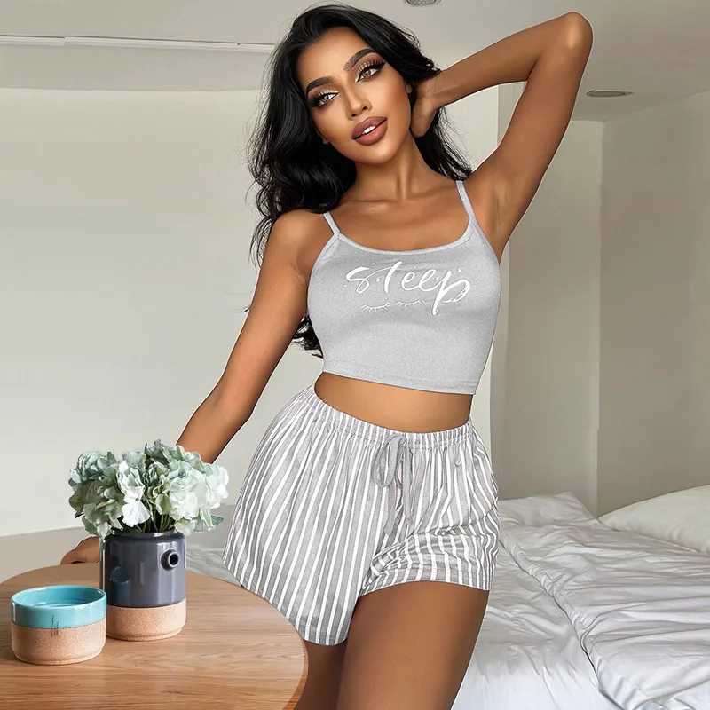 Letter Print Women Pajama Set Sveless Lettuce Trim Crop Top Elastic Waist Stripped Shorts 2 Pcs Fe Spwear NightwearXJ250220