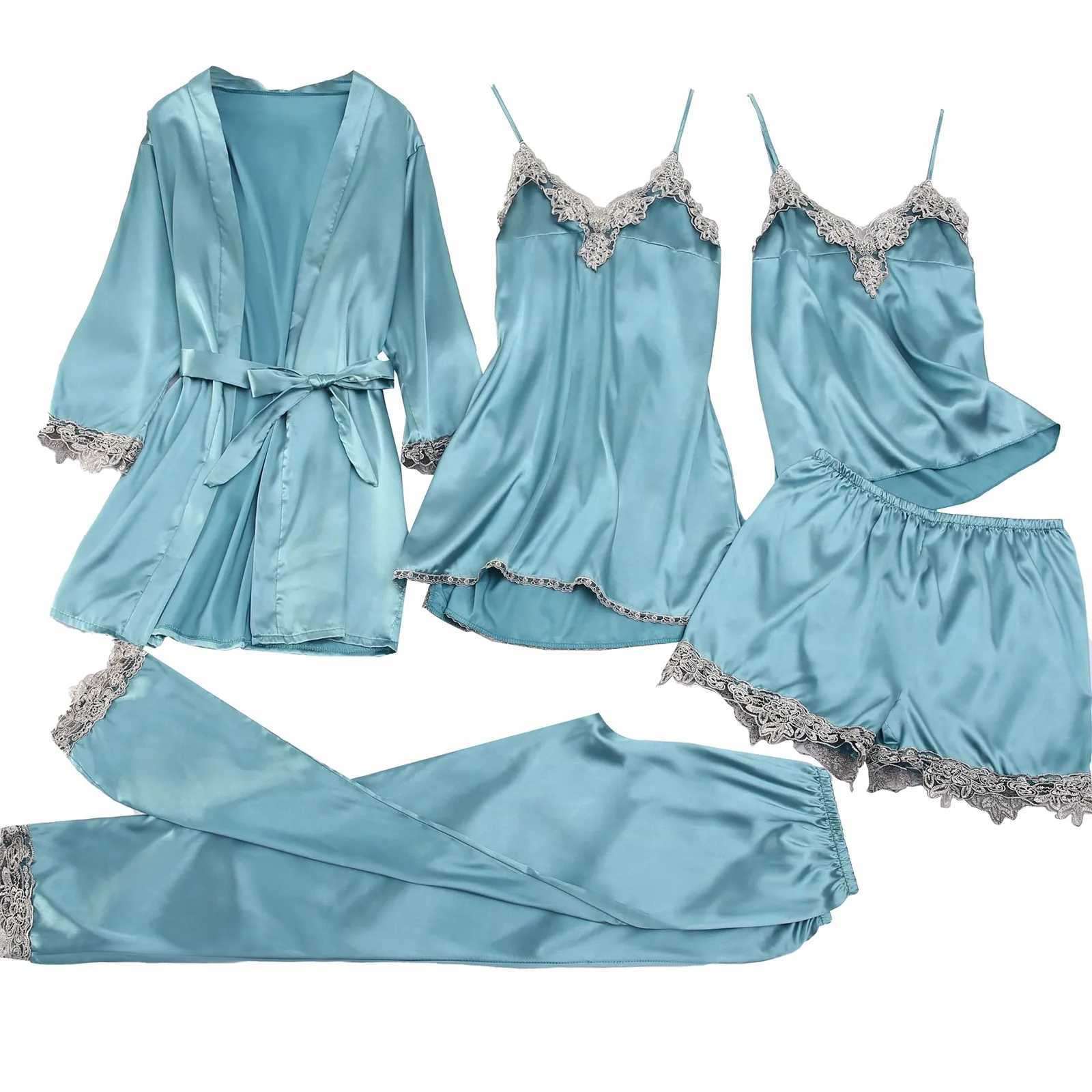 5 Piece Silk Nightgown Suit Womens Stain Lace Robe Spwear Suit Shorts Pants Vest Tops Nightie Home Loungewear Nighties WearXJ250220