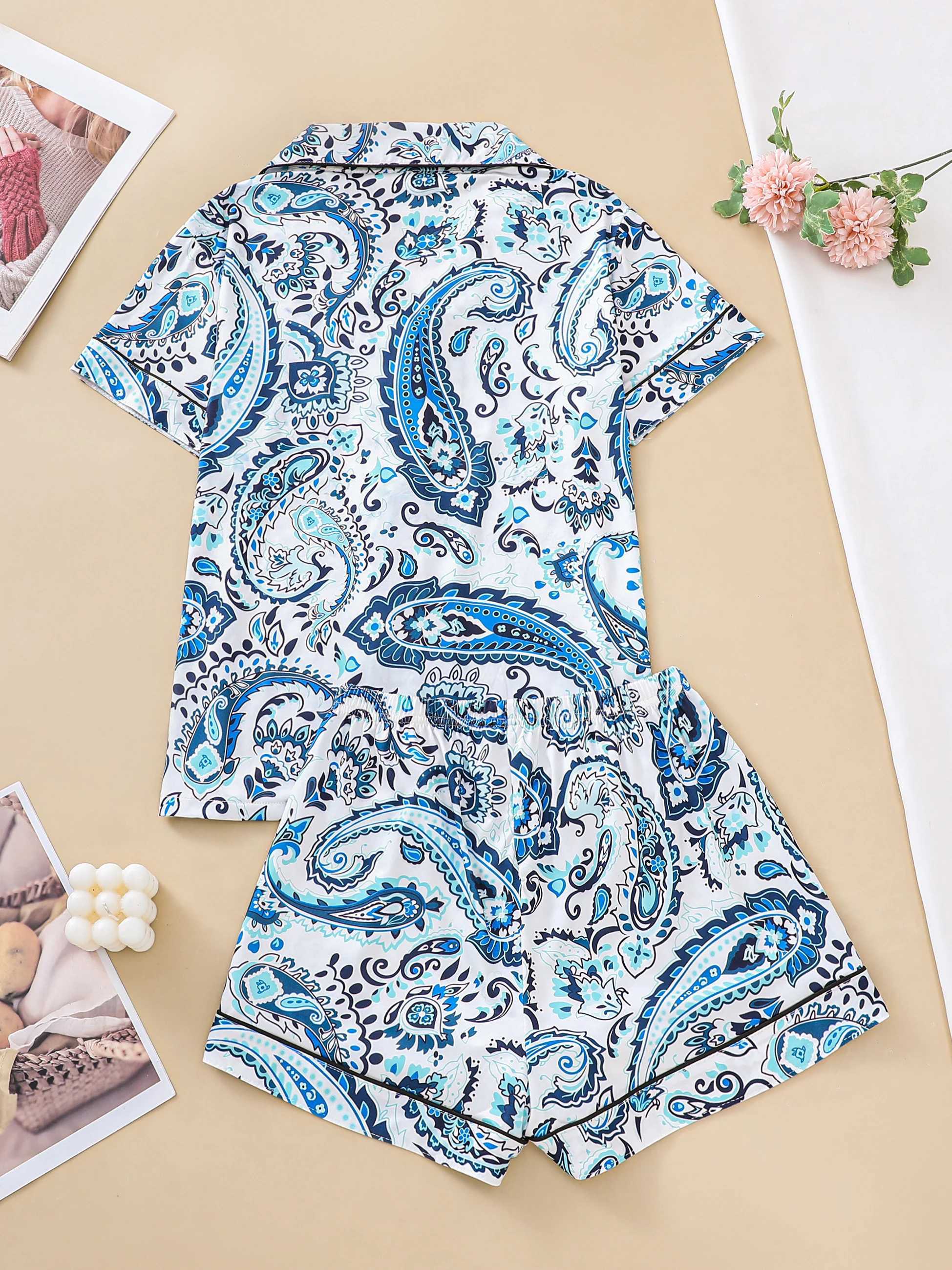 Two-piece set of womens pajamas lapel top and trousers paisley summer casual womens pajamas home wearXJ250220