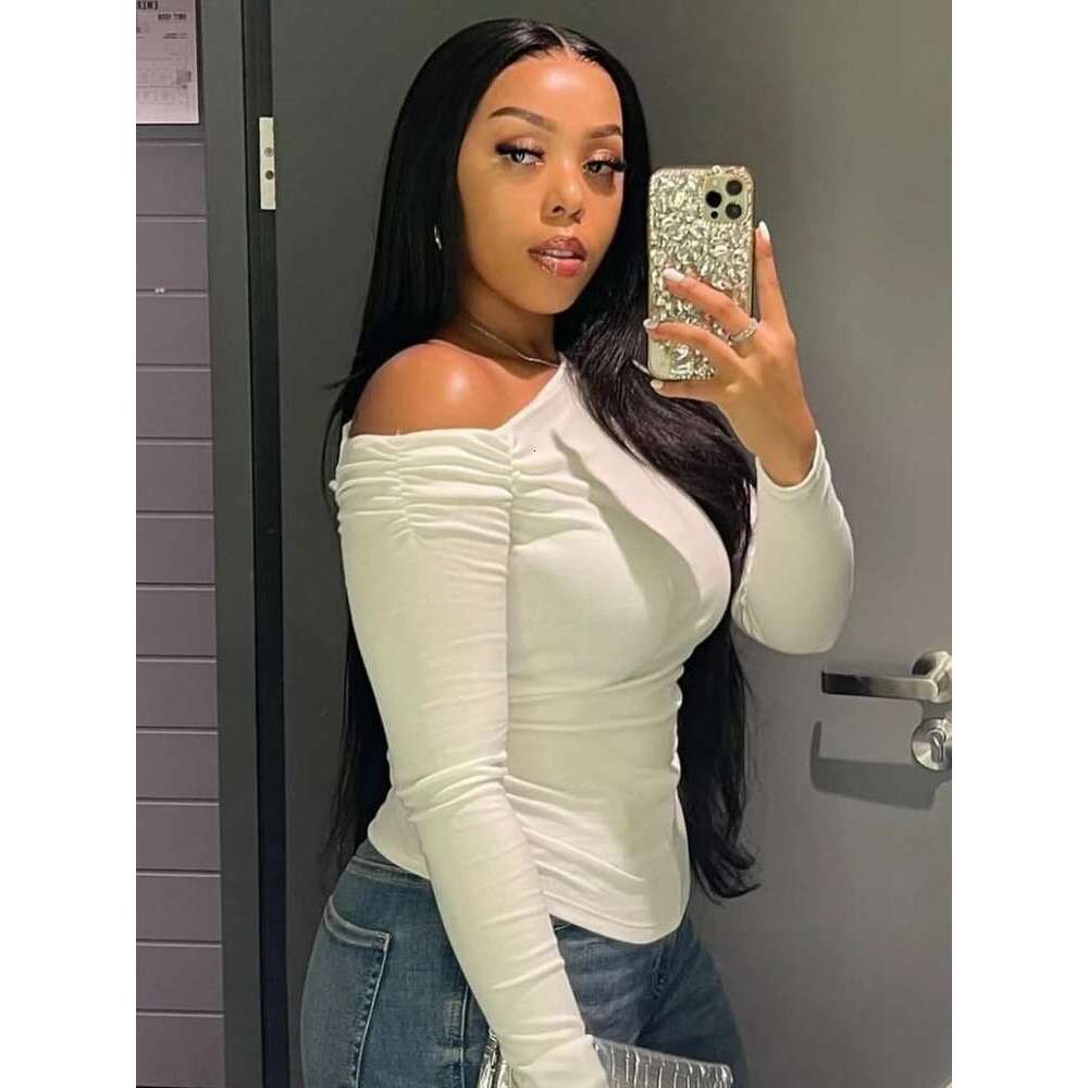 ZBZA Women's Asymmetric Blouse Long Sleeved Single Slim Fit Off Shoulder Pleated T-Shirts Autumn New Female Chic Top