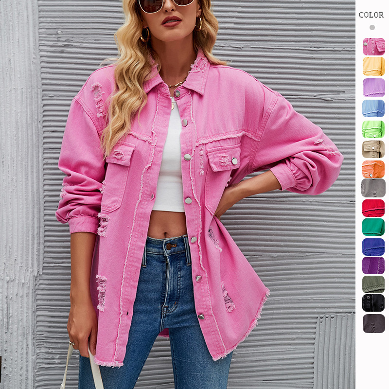 Spring Autumn American womens fashion washed long sleeved ripped denim jacket for women 201026