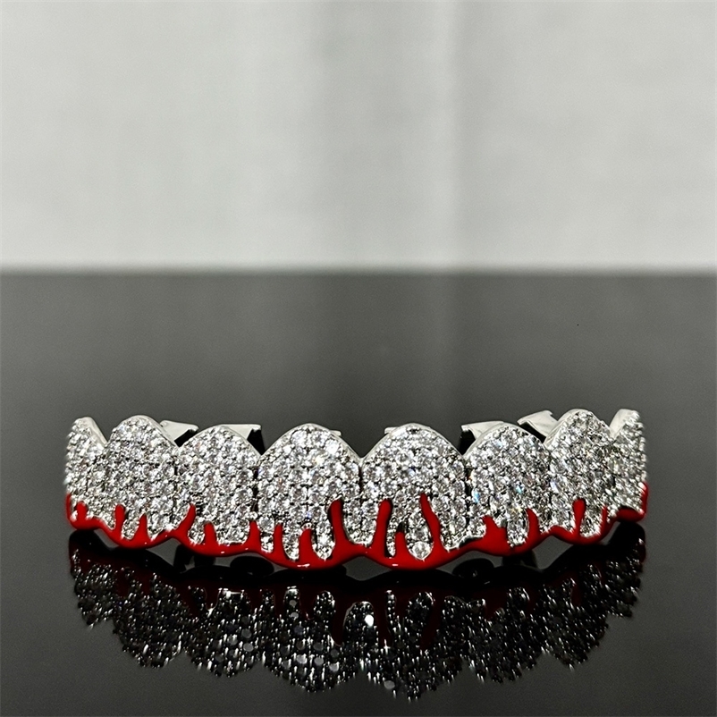 RACHELZ 8/8 Red Flame Iced Out CZ Stone Teeth Braces Hip Hop Cubic Zircon Tooth Caps For Women Men Jewelry Gift 250220