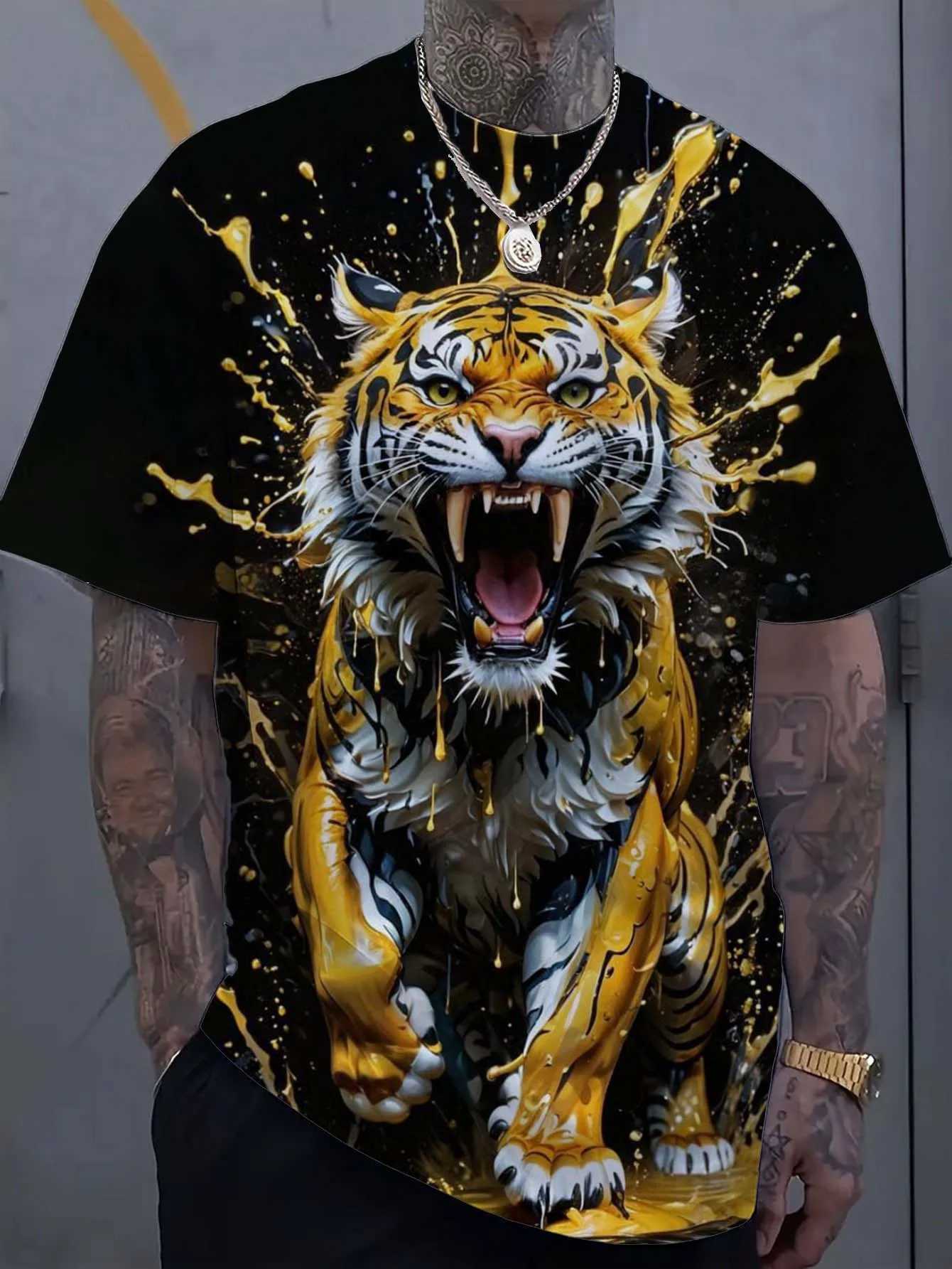 Mens T-shirt with animal tiger pattern 3D printed top summer new womens street clothing fashionable oversized unisex T-shirt mens clothing W250220