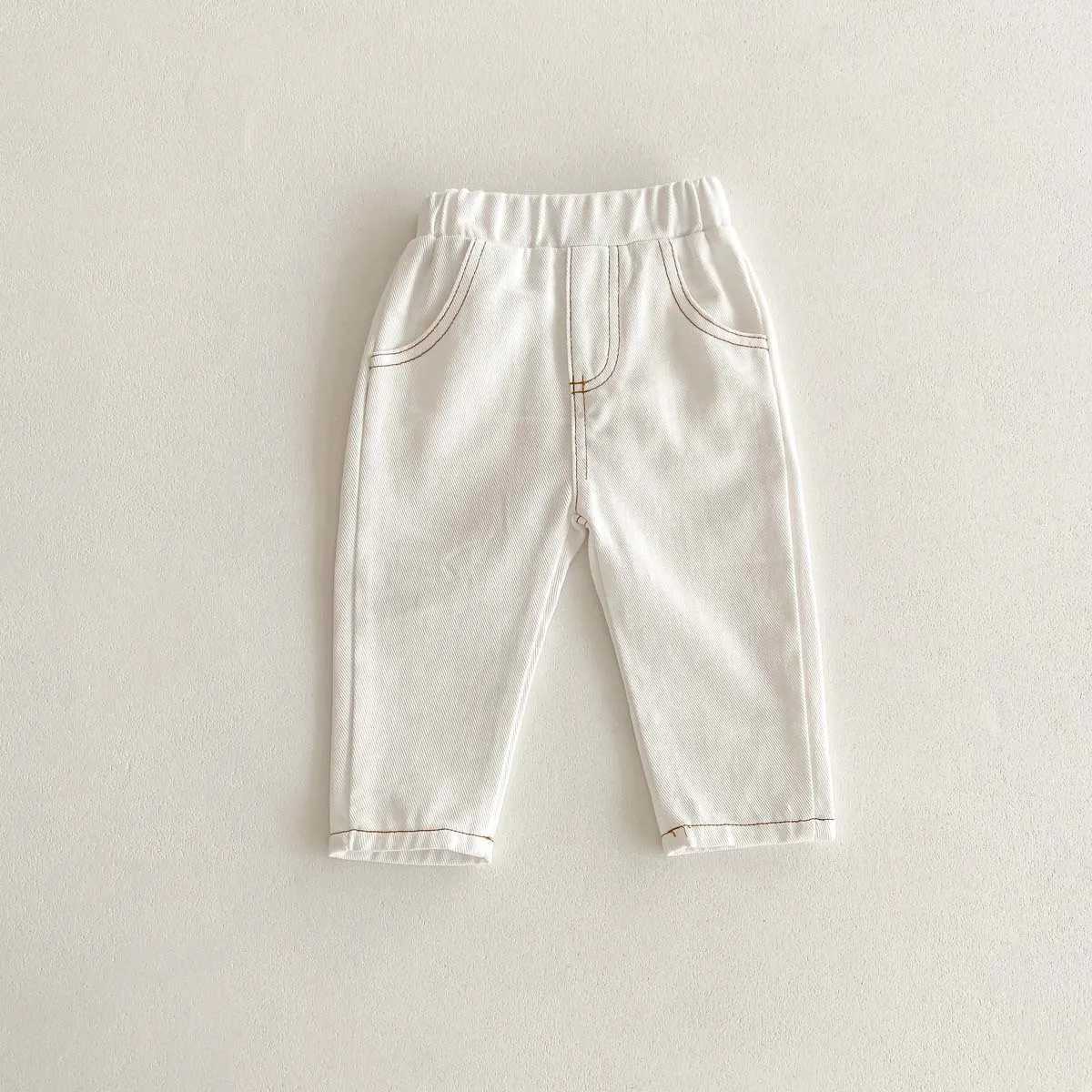Spring Autumn Fashion Children Solid Jeans Girl Baby Retro Denim Casual Pants Boy Kid Pockets Cotton Trousers Toddler Dungarees Z250220