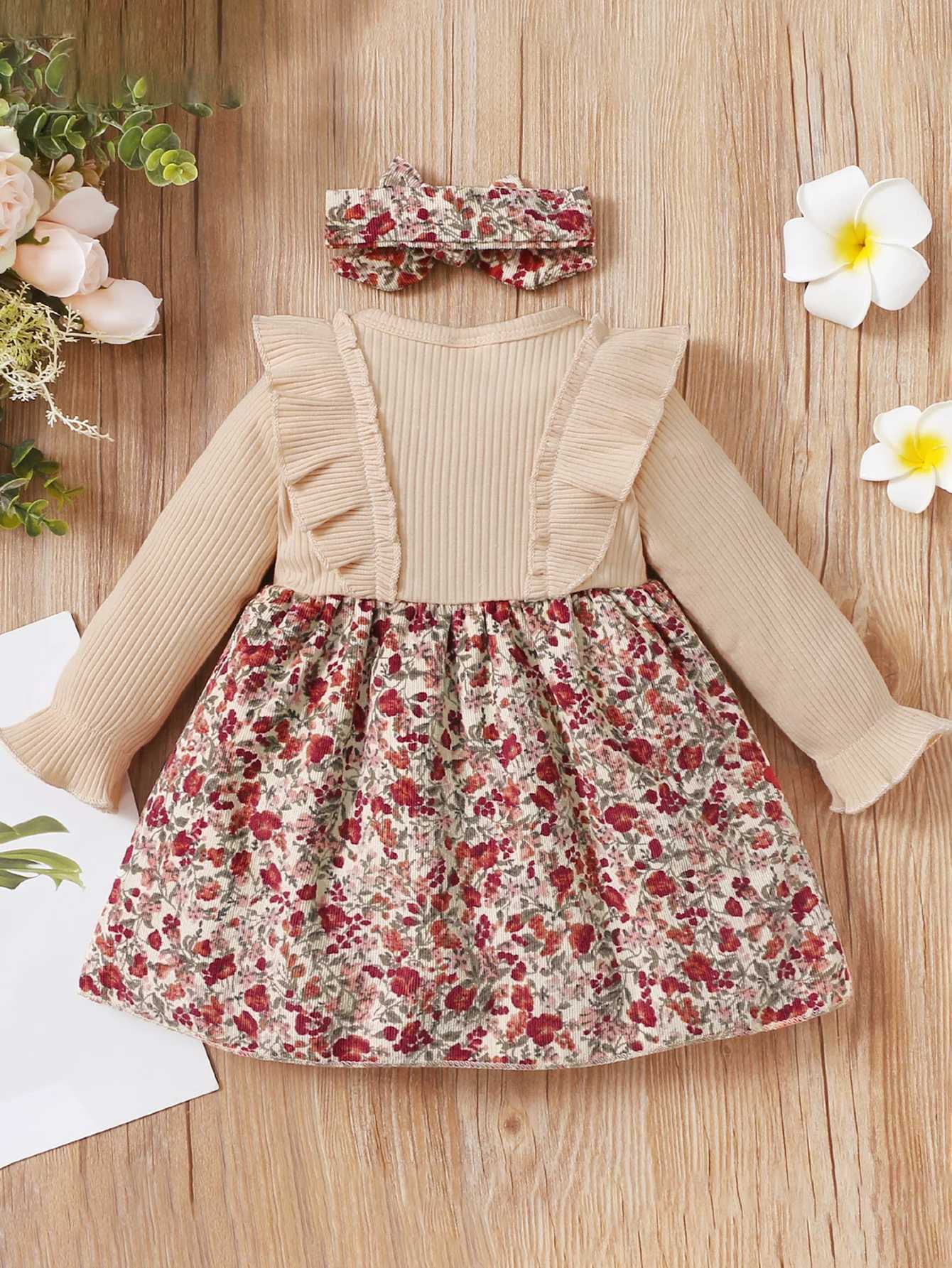 Autumn apricot pit stripe mosaic floral long-sleeved dress stylish and elegant party. X250220