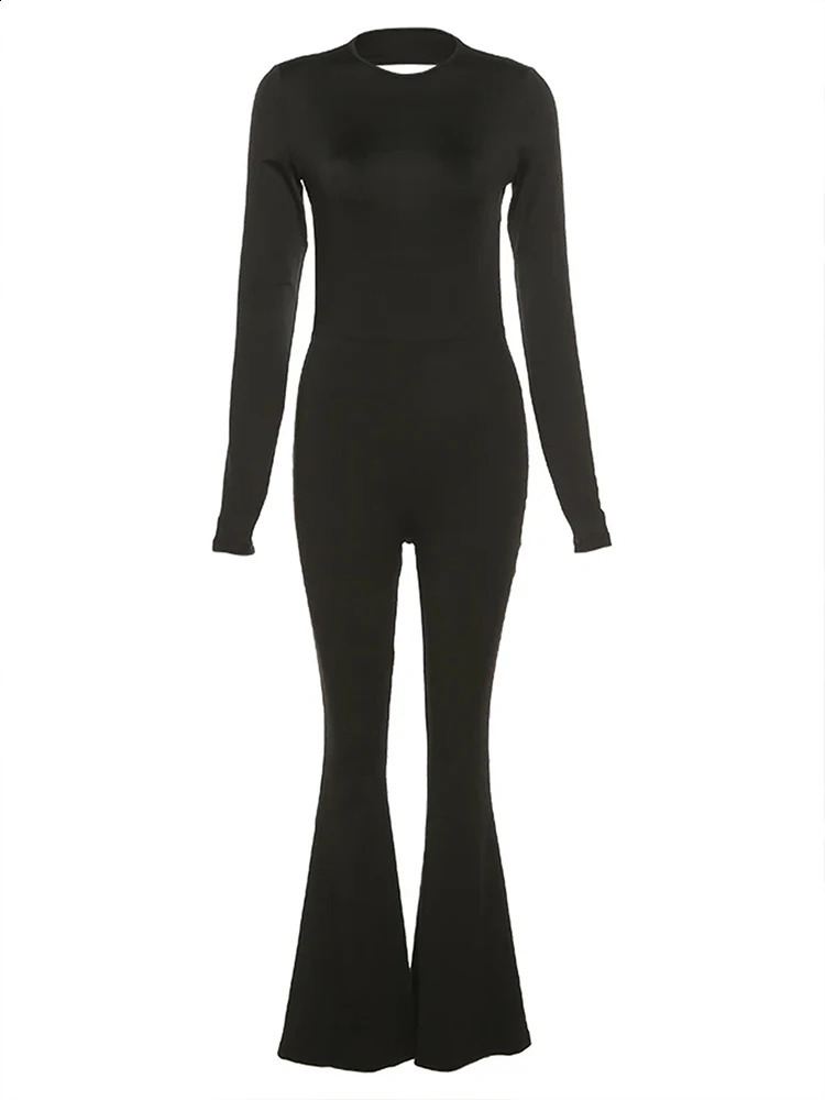 Jumpsuits Autumn Women Sexy Black Backless Long Sleeve Bodycon Rompers Fashion Streetwear Flare Pants Casual Slim Jumpsuits 250220