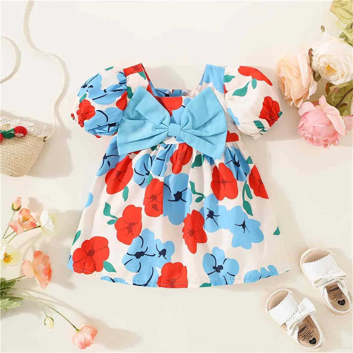 Girls Bow Dress Summer European And American Fashion Big Flower Short Sleeve Comfortable Square Neck Daily Knee Length Skirt X250220