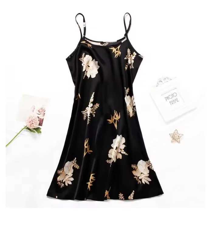 Women Nightwear Home Clothes Sexy Black Floral Printing Nightdress Spwear Nightshirts Silk Spshirts Nightgowns For WomanXJ250220