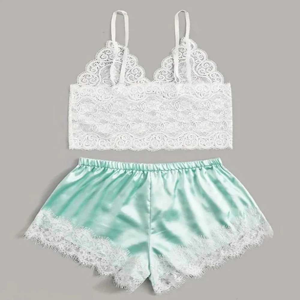 Sexy Lace Silk Spwear Two Piece Set of Suspender Shorts for Women Pajamas Set Lingerie Crop Tops Shorts NightwearXJ250220