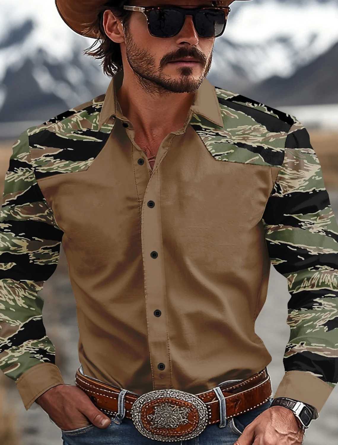 Mens Camouflage Western Shirt Denim Shirt Long Sleeve Western Casual Outdoor Spring and Autumn Lapel Black Brown Green Khaki W250220