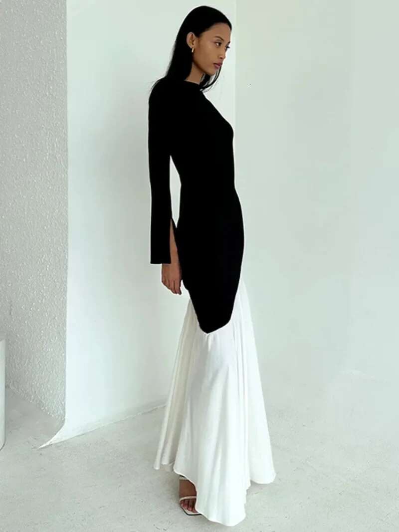 Women's Chic O-Neck Sleeve Black White Patchwork Asymmetrical Long Dress 2025 Spring Office Lady Slim Evening Party Dresses
