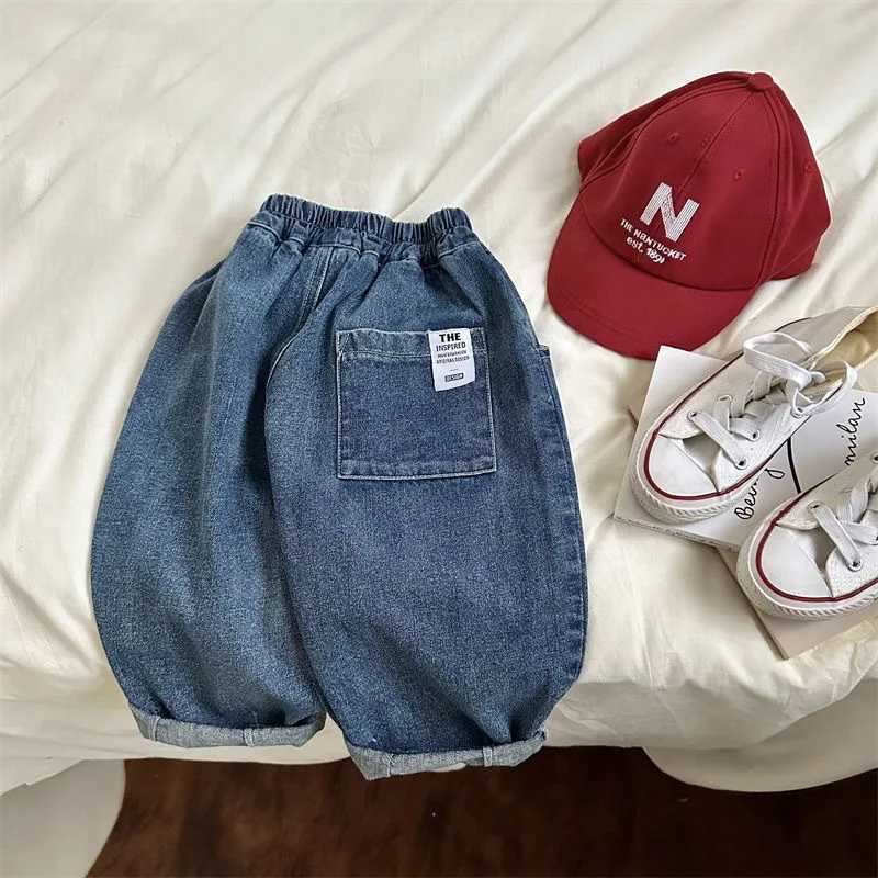 2025 Spring Children Boys Denim Pants Cotton Elastic Waist Infant Baby Boys Jeans Loose Sticker Pocket Little Boys Straight Pants Z250220