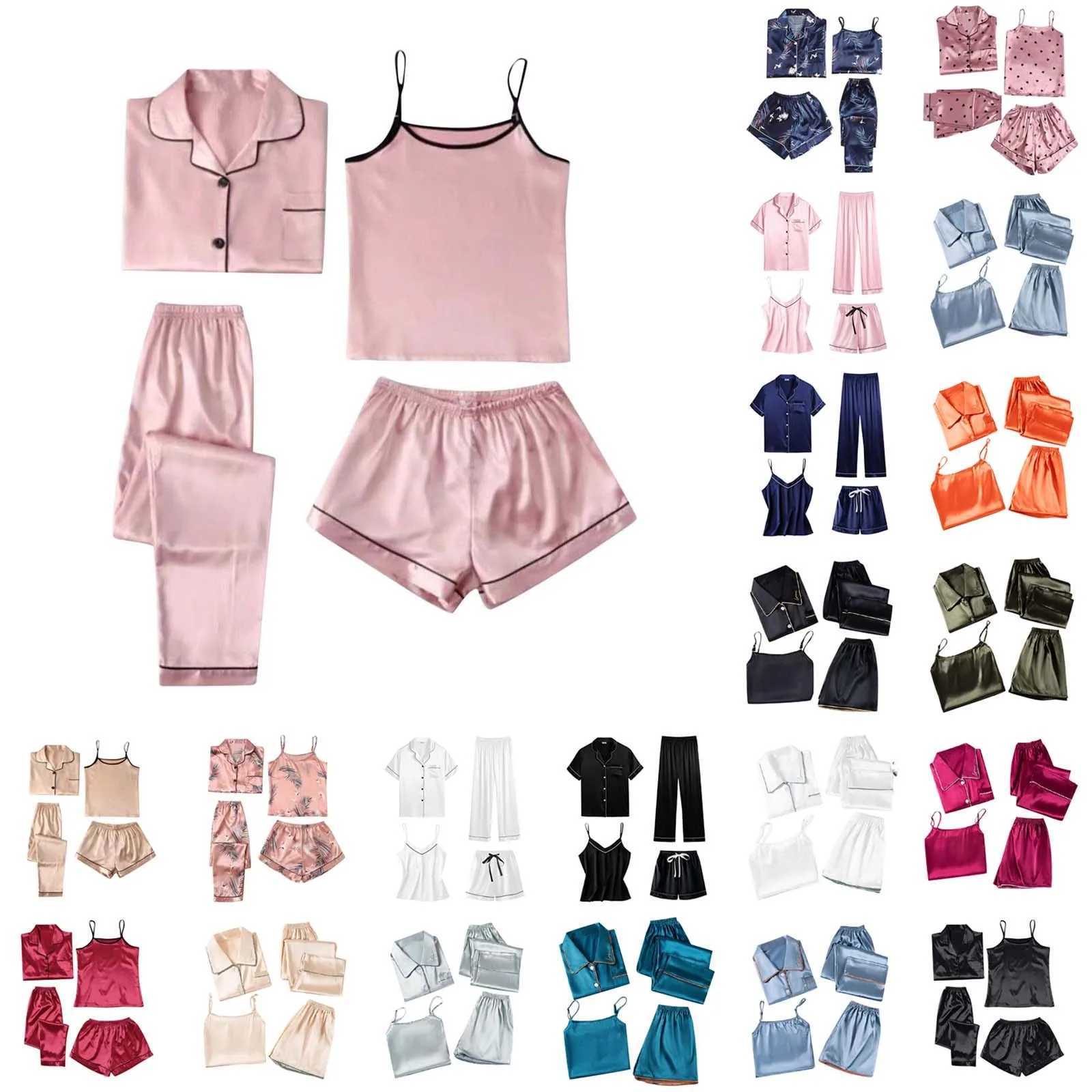 Satin Pyjamas Womens Short 4 Pyjamas Short Sve Spwear And Shorts Set Women Sets Nighties for Teens V Neck Full SlipXJ250220