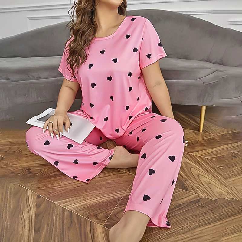 Plus Size Casual Pajama Set Womens Heart Print Short Sve Tee Tops Pants Spwear 2 Piece Soft Comfortable Loungewear SuitXJ250220