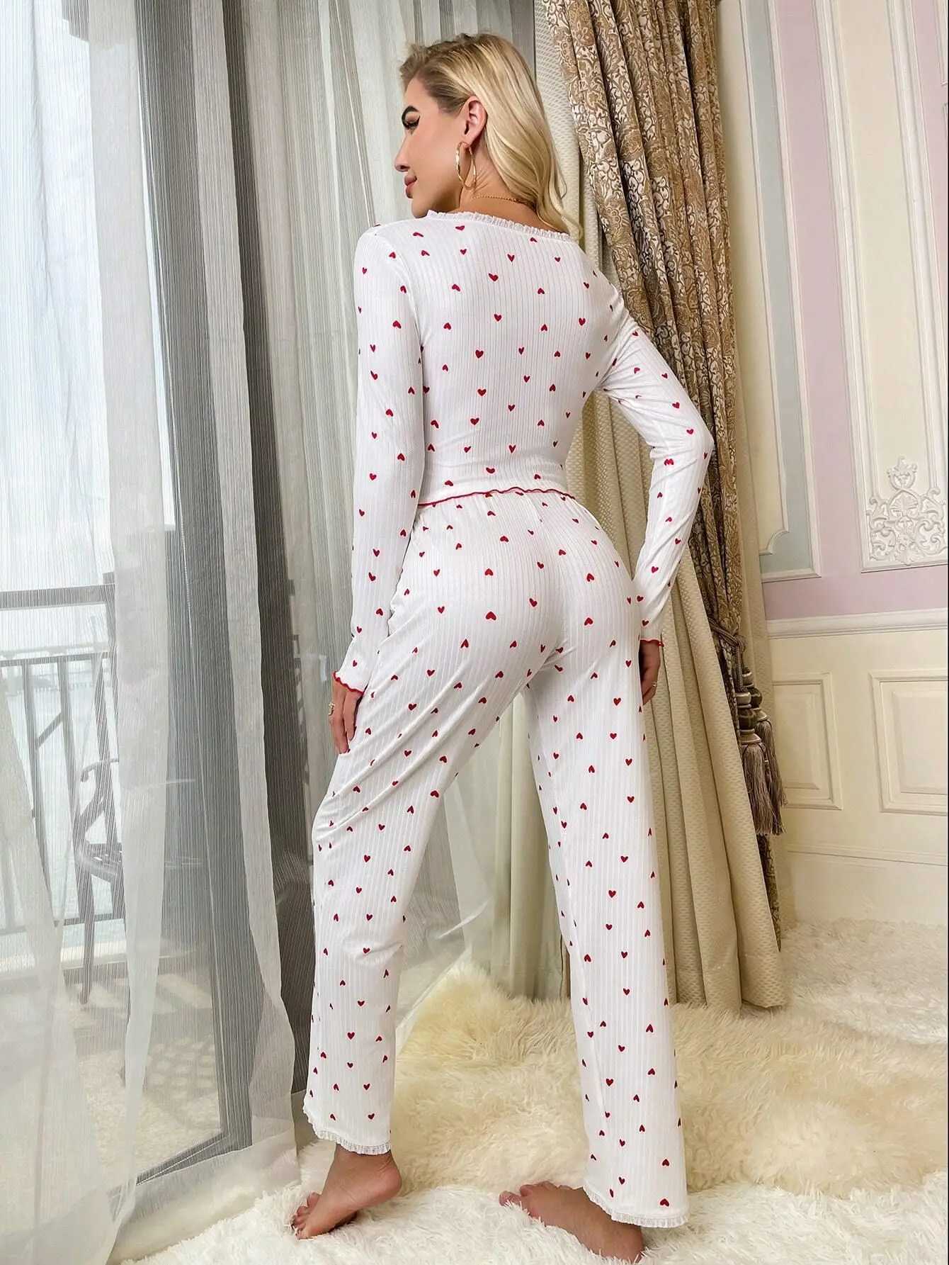 Autumn Winter Spwear Women Pajama Set Lace V-neck Bow Heart Print Long Sves Pullover Trousers Loungewear OutfitXJ250220