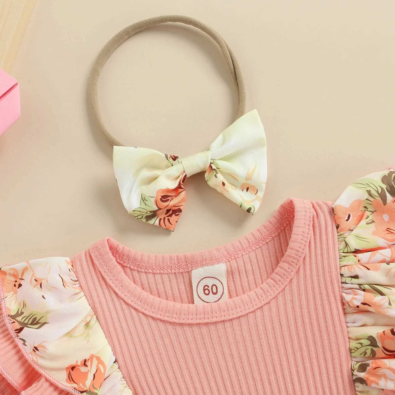 Summer Infant Baby Girls Dress Flying Sleeve Bodysuit + Bow Headband Flower Pattern Ruffle Sweet Style Clothing X250220