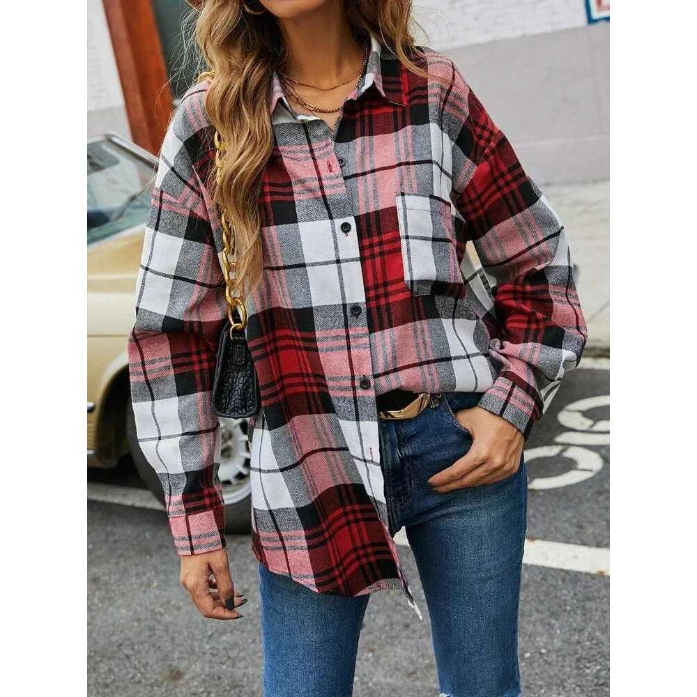 New Korean Style Long-Sleeved Women's Fashionable Design High-End Plaid Top With Pockets Pleated Loose Shirt