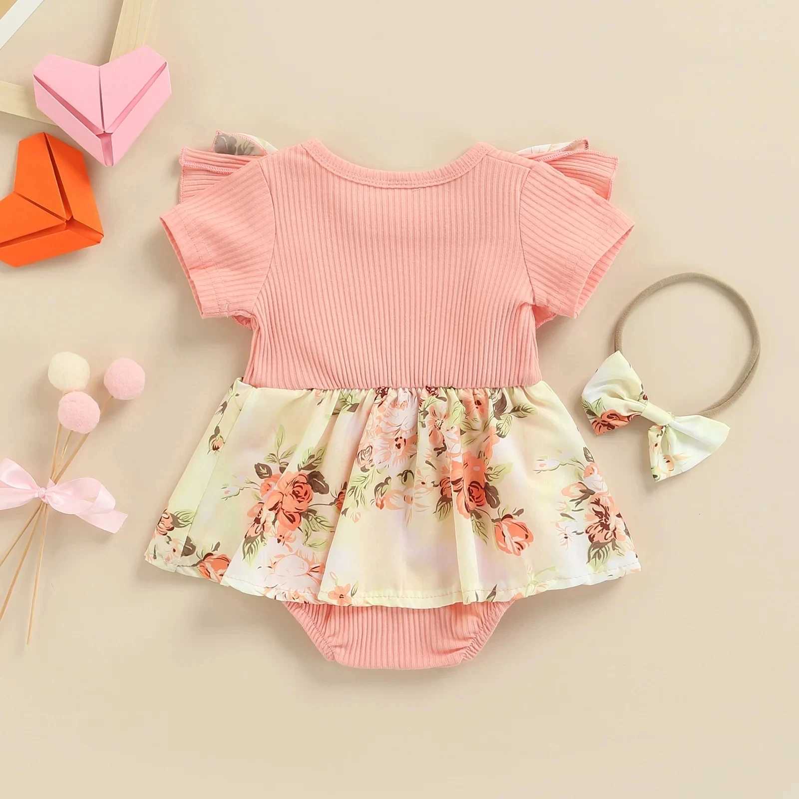 Summer Infant Baby Girls Dress Flying Sleeve Bodysuit + Bow Headband Flower Pattern Ruffle Sweet Style Clothing X250220