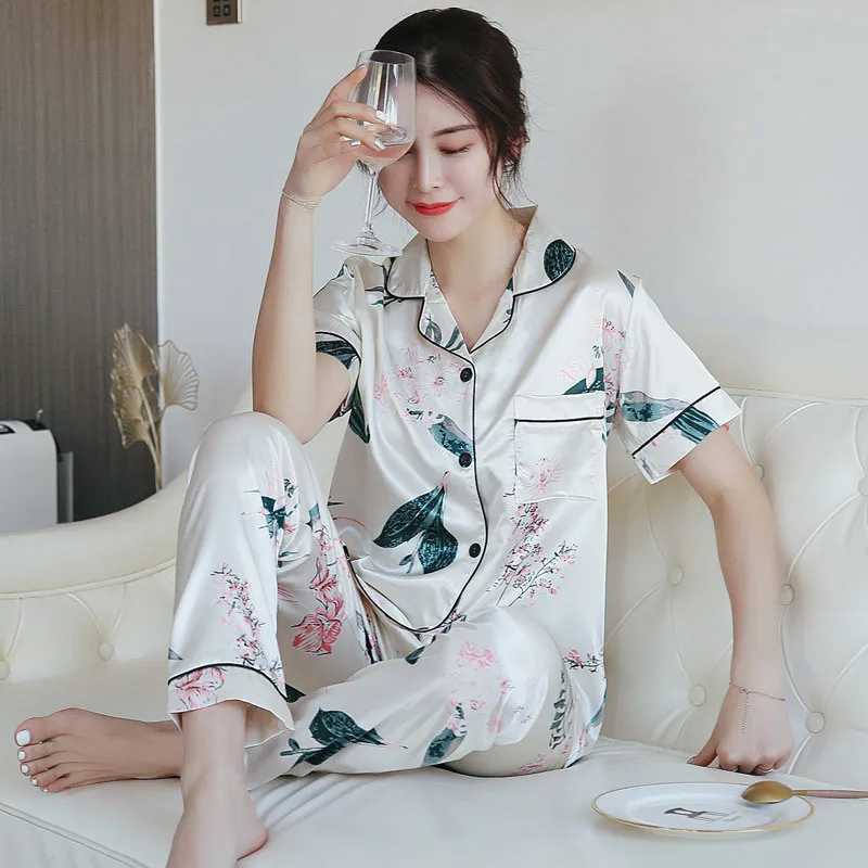 New Woman Satin Silk Pajama Sets Casual Loose Short Sve Tops+Long Pants 2Pcs Suit Pyjimas Soft Spwear Home ClothesXJ250220