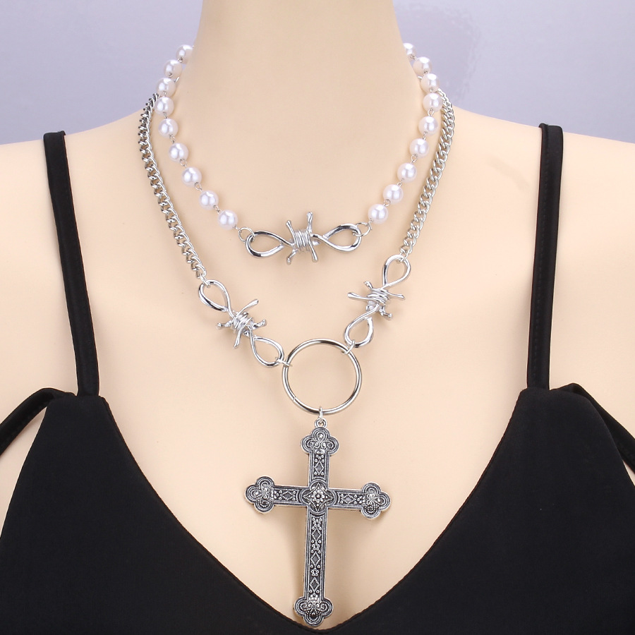 Personalized Pearl Cross Pendant Necklace ins Hip Hop Punk Double Layers Sweet Cool Necklaces