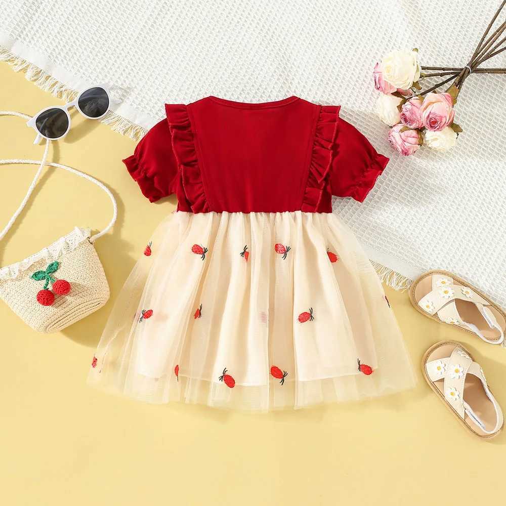 Summer newborn girl short sleeved red dress with pineapple embroidery baby girl birthday party dress X250220