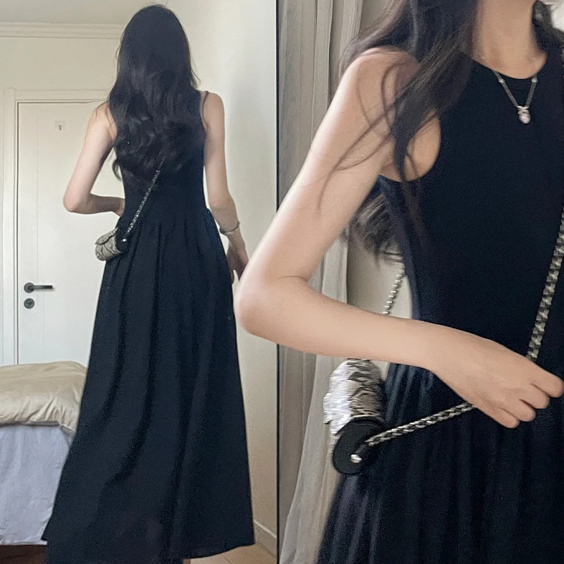 CW640 waist 2025 black Hepburn style long skirt sleeveless vest short sleeve skirt cotton high-end summer dress