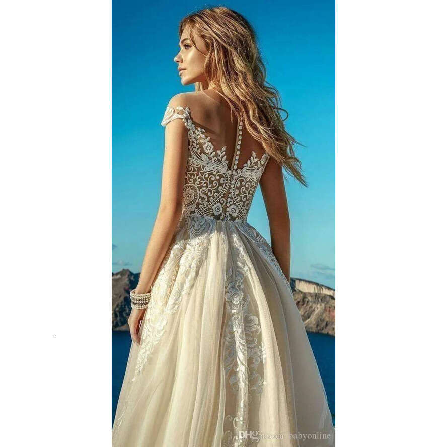 Summer Light Champagne Wedding Dresses Boho Beach Tulle Lace A E Appliques Long Bridal Gowns Robe De Mariee Bc1819
