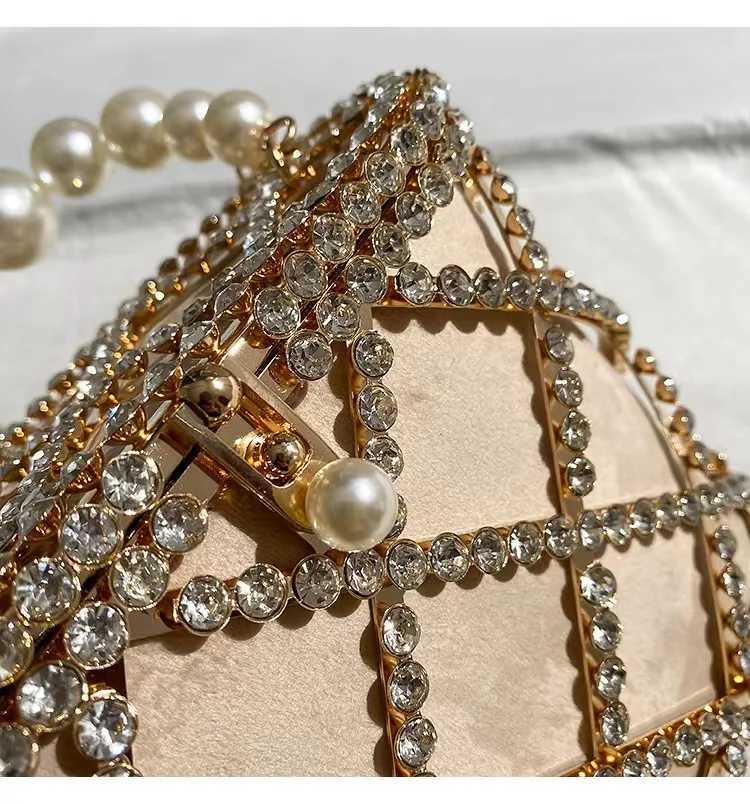 Luxury Designer Glod Metal Cage Pearl Beading Handle Handbag Women Evening Bag Wedding Party Clutch Purse Shoulder Crossbody Bag Z250220