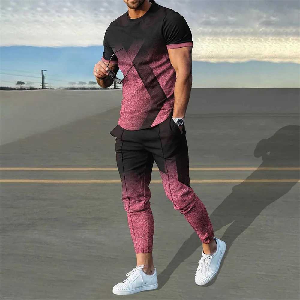 Fashion Men Tracksuit T-Shirt 2 Piece Set Short Sleeve Sportswear Suits Men Clothing Trousers Casual O-Neck Tops Pants Streetwear W250221