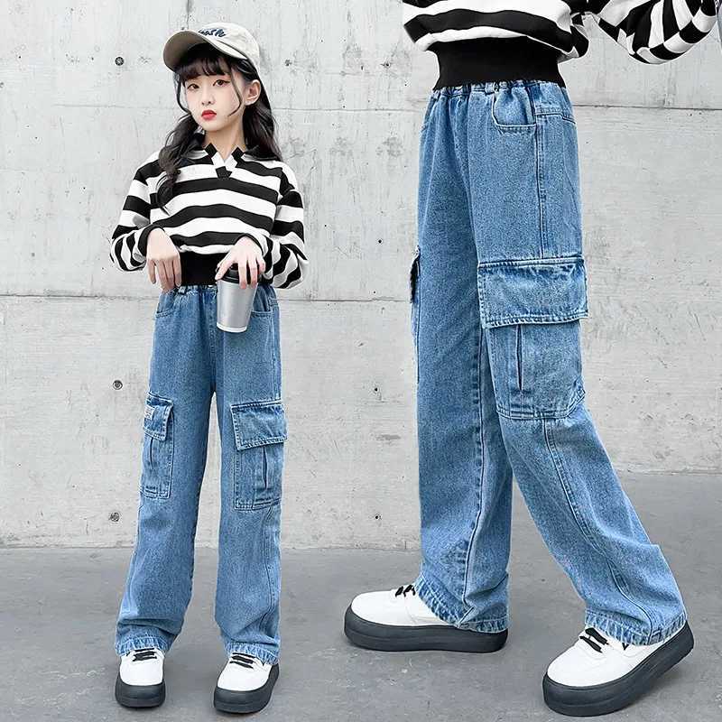 Fashion 2024 Cargo Jeans for Girls Spring Blue Pocket Hot Deals Teens Kids Cargo Pants Casual Straight School Children Trousers Z250220