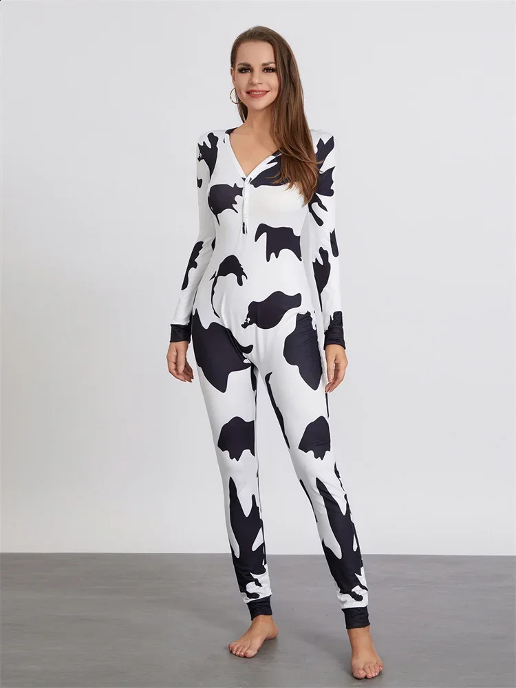 Women Buttoned Flap Jumpsuits Sleepwear Cow Printed Long Sleeve V Neck Bodycon Romper Spring Fall Loungewear 250220