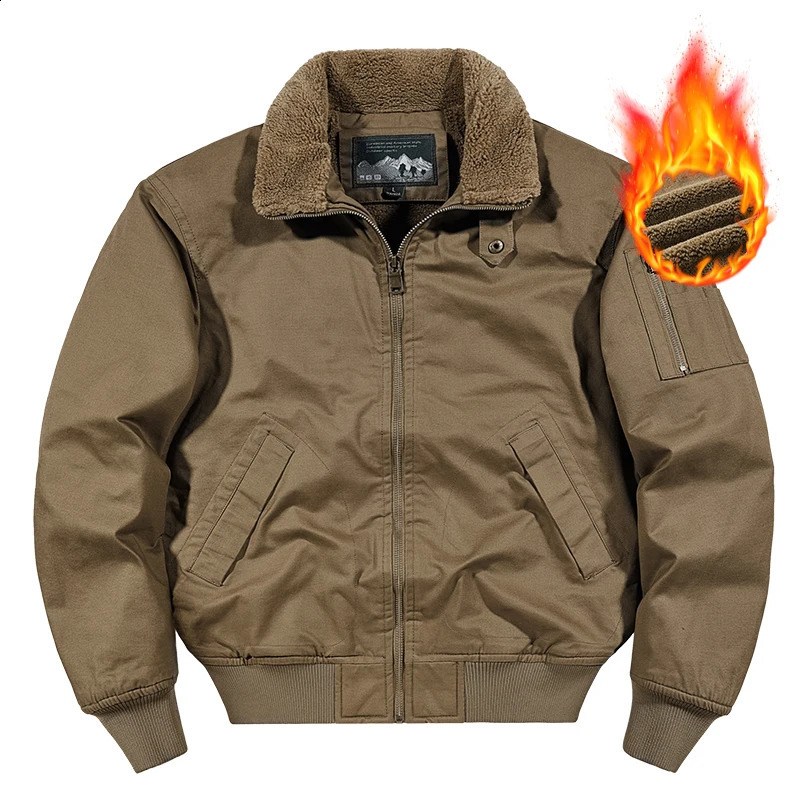 Mens work jacket autumn and winter item solid color warm thick multi pocket outdoor travel lapel mens pure cotton dress 250212