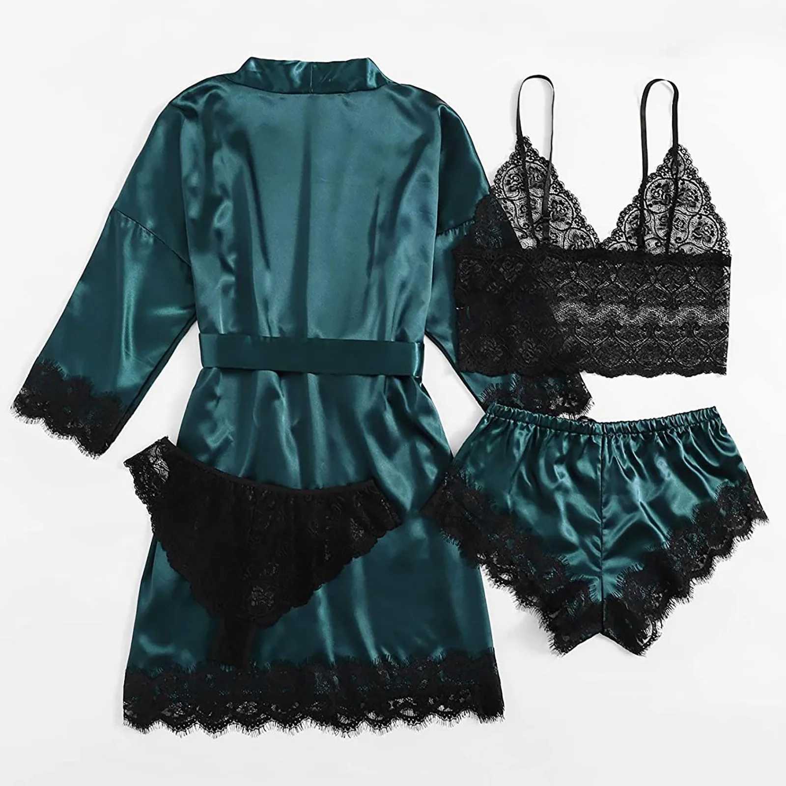 2023 Women Pajamas Sets Satin Spwear Silk 4 Pieces Nightwear Pyjama Strap Lace Sp Lounge Pajama with Chest Pads GiftsXJ250220
