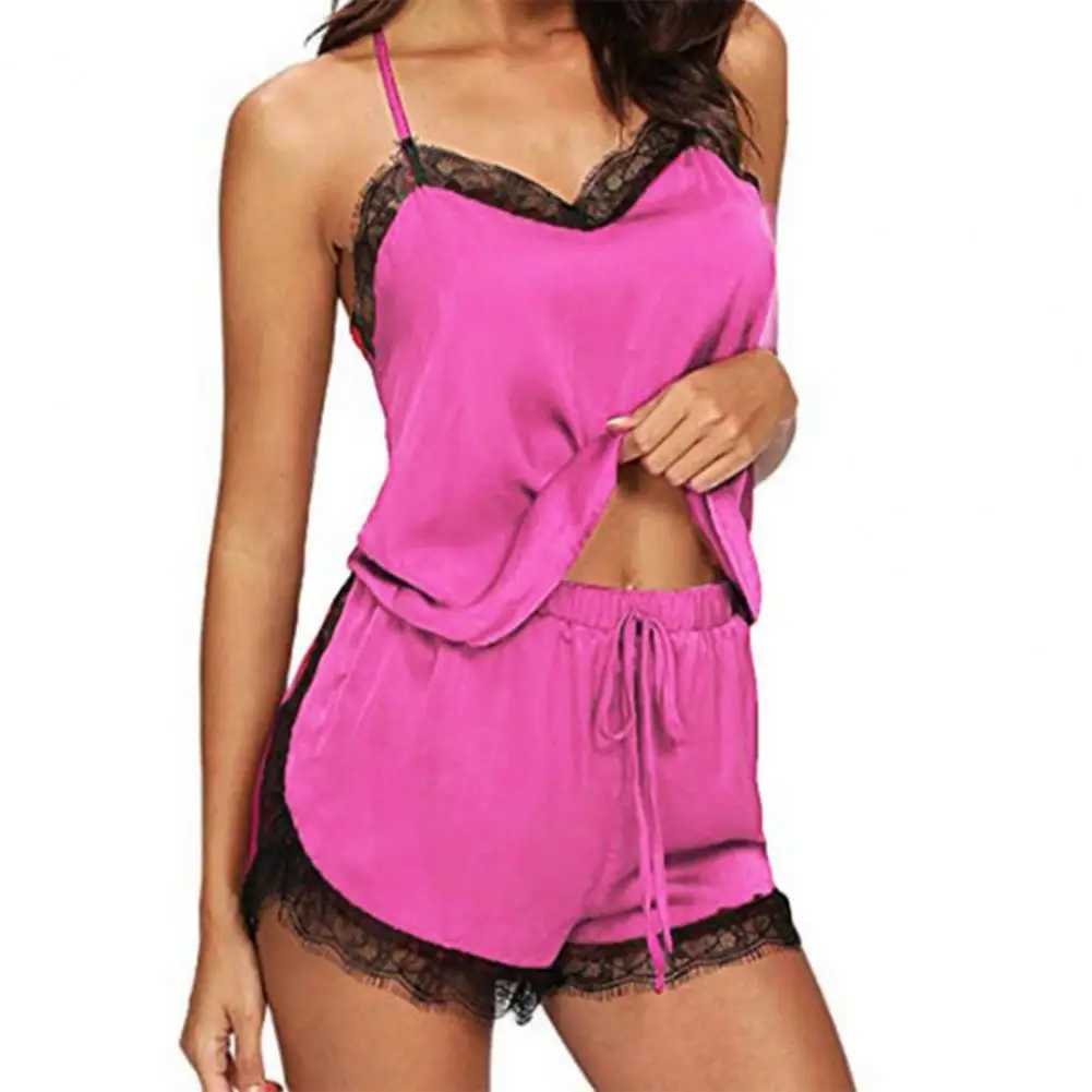 2 Pcs/Set Lady Pajamas Set Solid Color Lace Patchwork V Neck Lady Night Clothes For Home For WomenXJ250220