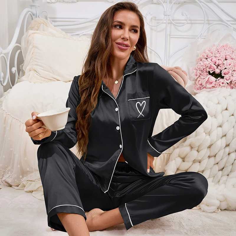 Autumn Satin Pajama for Women Heart-shaped Embroidery Spwear Loungewear Long Sve Top Pants Home Clothes Pyjama 2 PieceXJ250220