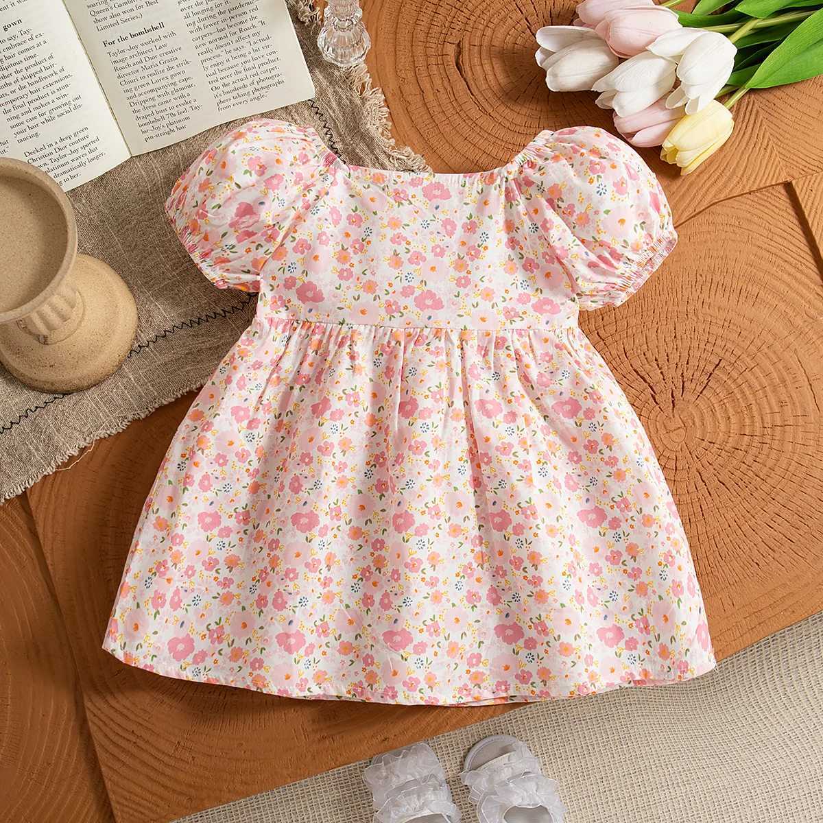 (0-3 Year Old Baby Girl Floral Dress) Summer New Sweet Bow Countryside Style Childrens Short Sleeved Clothes X250220
